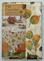 NEW BENSON MILLS LINEN 60" X 84" OBLONG FALL FESTIVITIES HERRINGBONE TABLECLOTH