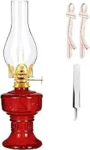 Kerosene Oil Lamp,1 Vintage Kerosene Lamp,1 Tweezers and 2 Wicks,Glass Hurricane Lantern for Indoor Lighting Decoration Outdoor Camping Use (Red)