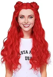 Creamily Red Princess Wavy Long Braided Buns Curly Role Play Cosplay Costume Wig Red Curly Cosplay Wigs with 2 Buns for Halloween Costume Long Wavy Wig