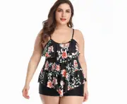 Ladies Suspender Swimsuit Lotus Edge Printed Bikini Large Size Split Swimsuit - BLACK