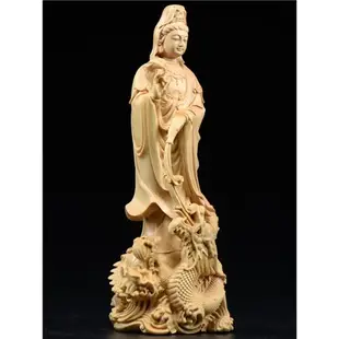 小葉黃楊木雕騰龍觀音擺件實木頭雕刻觀音菩薩佛像紅木家居工藝品