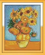 IUHUI 14 Count Stamped Cross Stitch Kits for Beginners Adults, Sunflower of Van Gogh Pre-Printed DIY 14ct Embroidery Sewing Starter Kit Needlework Easy Patterns