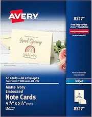 Avery Printable Note Cards with Envelopes, 4.25" x 5.5", Ivory with Embossed Border, 60 Blank Note Cards for Inkjet Printers (08317)