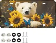 License Plate Polar Bear Sunflower Cute Personalized Car Front Decoration Rust-Proof Stainless Steel Vanity Car Tags Fit Standard Plates for Women Men 6 x 12 Inch