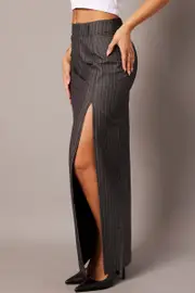 Grey Stripe Midi Skirt Tailored High Waist - Size 14, Women's Midi Skirt