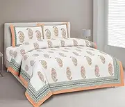 Marusthali cotton sanganeri bed sheets indian paisley block print bedsheet cotton bed cover for king size bed jaipuri printed bedspread 180 tc soft bed sheet 90 x 108 inches (Peach)