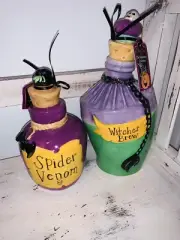 Blue Sky Ceramic Halloween Witches Brew & SPIDER VENOM POTION JAR Set Of 2 New