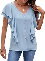 [Zylphorix] Women Frilled Lotus Leaf Sleeve Shirt Single-Breasted Casual Cardigan Top Summer V Collar Fashion Thin Daily Blouse