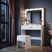 ELEGANT Dressing Table Stool Set with Mirror 12 LED Bulbs,2 Lighting Modes&Adjustable Brightness,Makeup Desk for Bedroom Dressing Room White