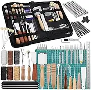 BAGERLA Leather Craft Tools, 60 Pieces Working Tools and Supplies with Storage Bag Cutting Mat Prong Punch Groover Edge Creser Stamping Carving Knife Awl Hammer for Making DIY Sewing