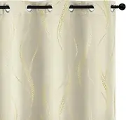 Yakamok Light Blocking Curtains 84 Inches- Gold Wave Line Dots Print Grommet Drapes, Room Darkening Curtain, Window Panels for Living Room/Bedroom (42W x 84L Inch, Set of 2, Cream)