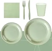 121PCS Sage Green party supplies for 20 guests, including green paper plates, napkins, cups, knives, forks, tablecloths, suitable for birthdays, weddings, baby showers