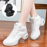 Women's Jazz Shoes Dance Sneakers Line Dance Performance Training Party Leatherette Loafers Softer Professional Split Sole Thick Heel Round Toe Lace-up Teenage