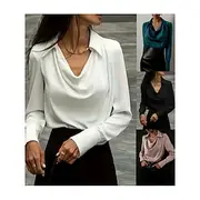 Women's Shirt Solid Color Plain Elegant Vintage Tropical Long Sleeve Cowl Neck Shirt Collar Regular Tops Work Daily Semi Formal Ruched Black White Dusty Rose B