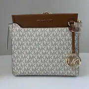 Michael Kors Graham Small North South Leather Messenger Vanilla Brown Gold New