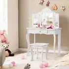 Children's Vanity Table Desk Set Makeup Dressing Table Stool Tri-Fold Mirror For