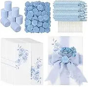 Fullhawl 50 Sets Wedding Invitations Wraps Set Pre Folded Vellum Jackets for 5 x 7 Invitations Dried Flowers Wax Seal Stickers Chiffon Silk Ribbon for Wedding Birthday Bridal Shower Craft DIY (Blue)