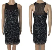 New Aidan Mattox Sequin Sparkly Shiny Black Sheer Short Sleeve Dress Size 0