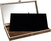 MOOCA Wood Glass Top Jewelry Display Case Wooden Jewelry Tray with Metal Clasp, Removable Black Luxurious MDF Velvet Display Pad and Corner Protection, Brown Color