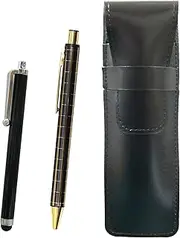 2 Pack Slim Cowhide Leather Pen Case Black Stylus Pen and NQ30K Wide Shaft Metal Straight Knock Double Anodized Lattice Ballpoint Pen Set Black T23-ASB708-NQ30KB-2