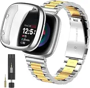 [ZPJPPLX] Compatible with Fitbit Versa 3 and Fitbit Sense Solid Stainless Steel Wrist Band with Watch Case, Metal Replacement Straps Accessories for Women Men