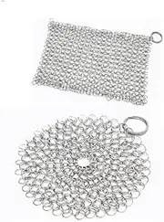 Cast Iron Skillet Cleaner Chainmail Srubber, 2 Pack Premium Stainless Steel Chain Maille Scrubber Metal Scrubber for Cast Iron Pans CS03 Skillet Wok Pot Glassware, 4"x 4" Rectangle & 5"x 5" Round