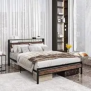 FOUBAM Queen Bed Frame with Storage Headboard,Metal Platform Queen Bed Base Mattress Base No Box Spring Needed,Heavy Duty Metal Slats,Under Bed Storage,Noise-Free,Brown