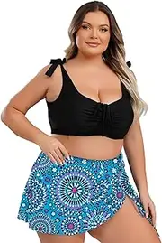 [winying] Women Two Piece Plus Size Swimsuit Square Neck Sleeveless Crop Top with Floral Pattern Print Swim Skirt