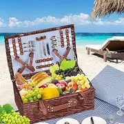 4 Person Picnic Basket Set Baskets Insulated Bag Outdoor Blanket Camping Beach Deluxe Willow Wicker Gift Storage Travel 54cm x 20cm x 34cm