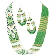 NATIVE STYLE ETHNIC GREEN BEADED HANDCRAFTED TURTLE NECKLACE EARRINGS SET