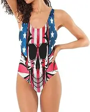 [RPLIFE] Grunge American Flag Skull Women's Bathing Suits, Open Back Swimsuit Breast Lifting Bathing Suit