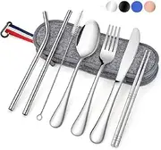 Travel Cutlery Set | Portable Camping Utensils Set Including Knife Fork Spoons Straws Chopsticks Cleaning Brush, Reusable Travel Cutlery kit Stainless Steel [8 Piece Silver]
