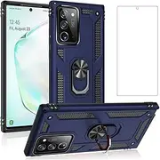 Phone Case for Samsung Galaxy Note 20 Ultra Glaxay Note20 Plus 5G with Tempered Glass Screen Protector Stand Ring Holder Accessories Gaxaly Notes 20Ultra Note20+ U + 20+ Twenty Not S20 Women Men Blue