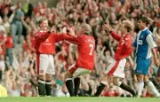 Ole Gunnar Solskj�r of Manchester United celebrates with teammate - Old Photo 1
