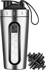 Jeedoo Protein Shaker Bottle, 28oz Shaker Bottles for Protein Mixes and Pre Workout, Protein Shaker Cup with shaker ball, Visible Window, Stainless Steel Shaker Bottle Leak Proof (silver)