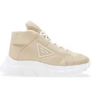 Prada Rush Piuma Nylon Beige White Platform Flat High Top Trainer Sneaker 39