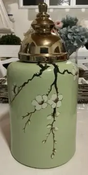 ASIAN INSPIRED CANNISTER-“CHERRY BLOSSOM”-GREEN/GOLD TOP-NEW-BOUTIQUE-H30x15cm