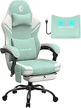 Gaming Chair, Tech Fabric Computer Chair with Massage, Office Chair with Pocket Spring Widened Cushion, High Back Ergonomic Chair with Footrest Lumbar Support Upgraded Metal Legs 350LBS (Green)