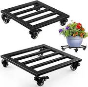 2 Packs Large Metal Square Plant Caddy with Wheels 13.6" and 12" Iron Wrought Rolling Plant Stand with PU Metal Casters Heavy-Duty Plant Dolly Indoor Outdoor Plant Roller Base Planter Movers, Black