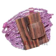 Translucent Purple Bracelet Glass & Mother of Pearl Beads Elastic - Wooden Clasp