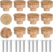 12Pcs Rattan Cabinet Knobs, BetterJonny Boho Drawer Knobs Wooden Knobs Round Handmade Wicker Woven Knobs for Cabinets Dresser Handles Hardware Pulls Kitchen