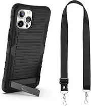 E-Tree Compatible with iPhone 12 Pro Max Case, with Crossbody Strap and Stand, Protection Shockproof Phone Case Black, Perfect for Go Outside and Kid Elderly, 6.7 inch