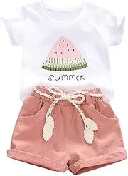 [Generic] Baby Newborns Outfits Letter Girl Tops + Shorts Kids Baby Clothes Watermelon Print Set Toddler Girls Outfits&Set Mom and Toddler Matching Clothes Pink