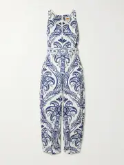[Farm Rio] Farm Rio - Belted Printed Linen And Lenzing™ Ecovero™-blend Jumpsuit - Blue - small small Blue
