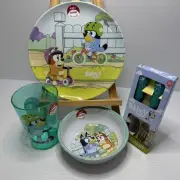 Bluey Meal Set ~ Melamine Side Plate & Bowl, Plastic Cup + 2pc Cutlery Set ~ New
