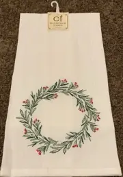 C&F Home Flour Sack Towel Embroidered Green Holly Red Berries Christmas Wreath