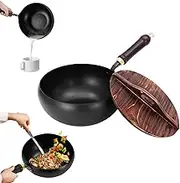 Uncoated Iron Pan, 9.45 Inch Hand-Forged Non-Stick Irons Pans Without Coating, Rust Free, Round Bottom Frying Pans with Wooden Lid Lid for Cooker Gas & Induction (Type*B)