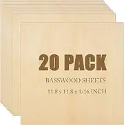 20Pack Basswood Sheets 1/16 Plywood Sheets 11.8 x 11.8 Inch Craft Wood Bass Wood for Cricut Maker, Architecture Model Materials, Pyrography, Wood Burning, Drawing, Painting, 300x300x1.5MM