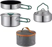 Abbraccia 3X Camping Cooking Set with Storage Pouch Foldable Handle Cookset Camping Cookware Mess Kit Pot Pan Kettle for Home Barbecue