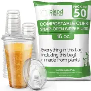 [16oz, 50 pack] Compostable Cups with Lids – Eco plant based cups with strawl...